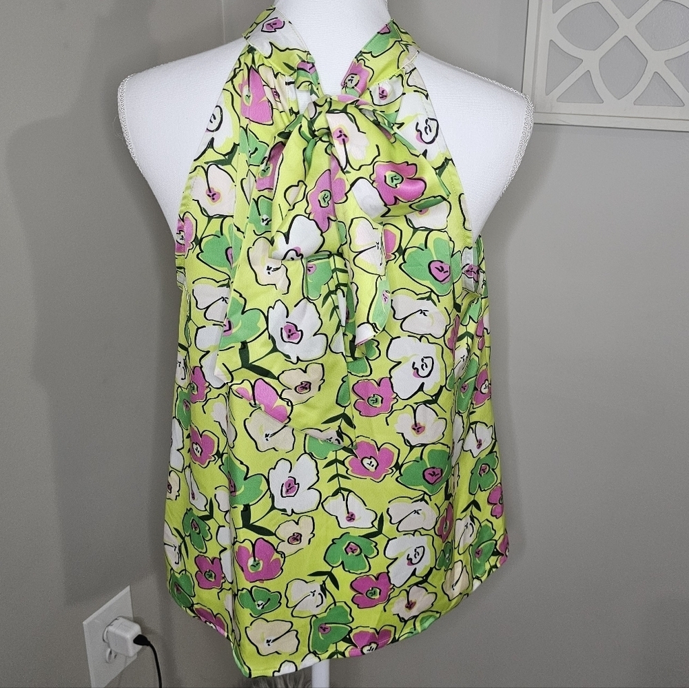THML Scarf Print Halter Neck Tie Back Sleeveless Chartreuse Floral Y2K Blouse - Picture 7 of 13